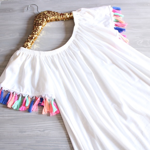 LAST ONE White Off Shoulder Tassels Shift Dress - Picture 6 of 8